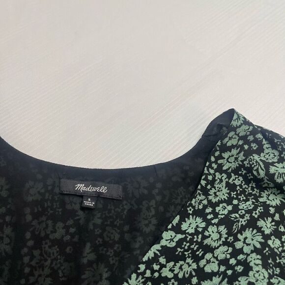 Madewell Georgette Green Floral Faux Wrap Short Sleeve Peplum Top Small Womens - Picture 2 of 7